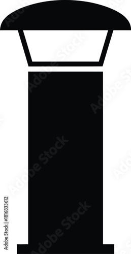 A simple black silhouette of a modern bollard light fixture with a rounded top and a rectangular light housing isolated on a white background