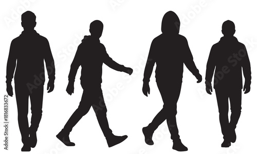 Four diverse human figures depicted in a striking black silhouette walking across a clean white background silhouette