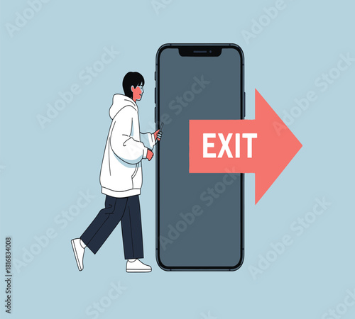 Illustration of a person walking out of a smartphone with a red exit arrow, symbolizing digital detox, logging off, leaving an online platform, or disengaging from tech