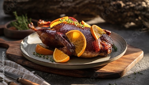 Fototapeta Naklejka Na Ścianę i Meble -  Gourmet whole roasted duck garnished with fresh orange for a festive dinner.