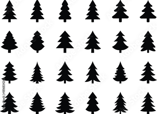 Pattern of black and white christmas trees for festive backgrounds Seamless repeating pattern of different christmas tree silhouettes black and white, perfect for wrapping paper backgrounds textiles