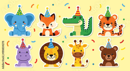 Cute cartoon animal birthday party stickers with party hats and confetti