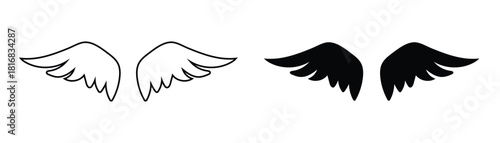 Set of angel wings outlined and filled black on transparent backdrop