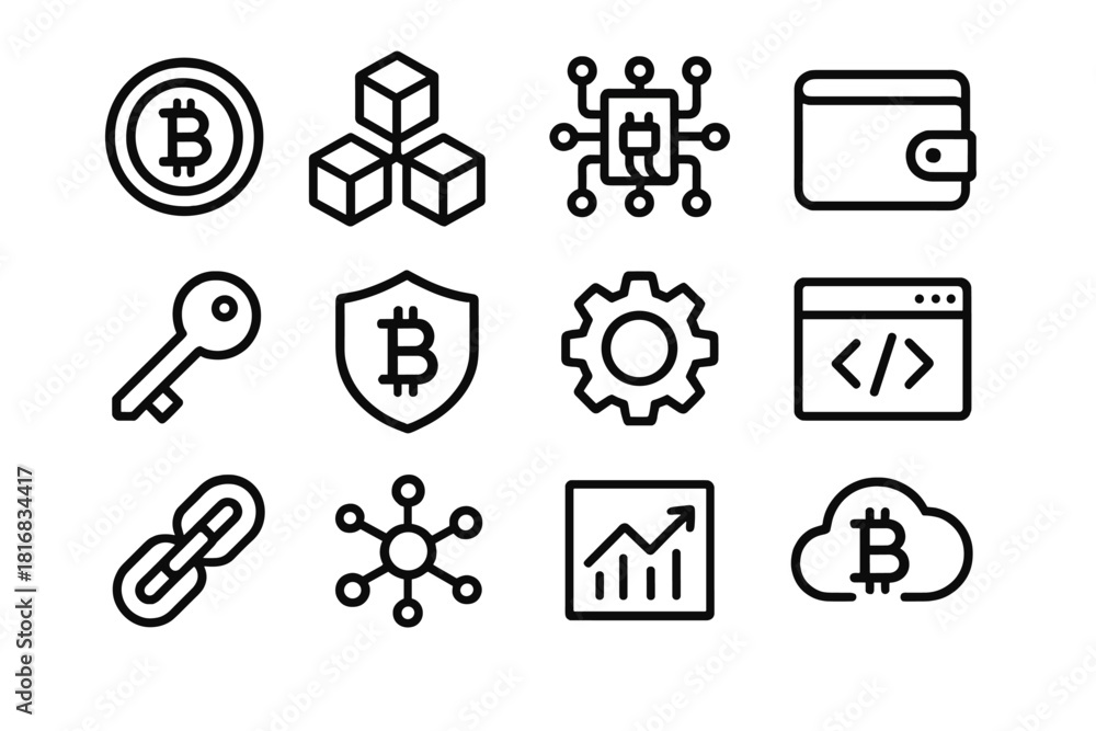 Fototapeta premium Crypto Icons Set. Crypto Technology linear icon set: coin, blockchain cube, circuit board, wallet, key, shield, gear, code window, link, node, chart, cloud