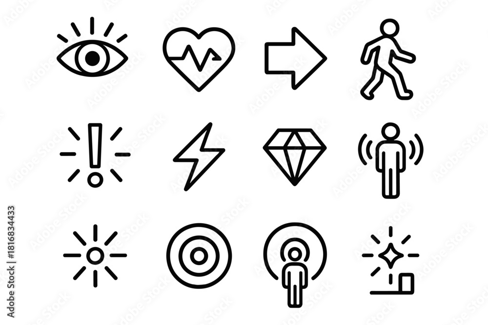 Fototapeta premium Awake and Alert Icons. Alert Wake State linear icon set: wide-open eye, bright pulse, focused arrow, active steps, attention lines, energized spark, clarity diamond, upright stance