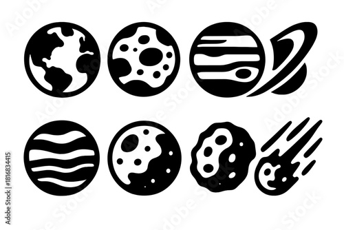 Bold Planetary Icons. Planetary Objects silhouette icon set. Earth, Mars, Jupiter, Saturn, Neptune, moon, asteroid, meteor.