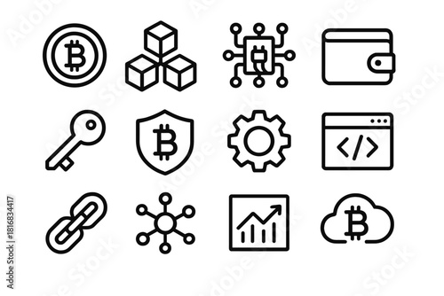 Crypto Icons Set. Crypto Technology linear icon set: coin, blockchain cube, circuit board, wallet, key, shield, gear, code window, link, node, chart, cloud