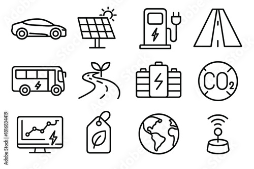 Futuristic Clean Transport Icons. Next-Gen Clean Transport linear icon set: futuristic EV, solar array, charging dock, road network, EV bus, green path, battery storage