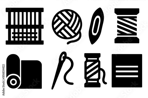 Brutalist Craft Icons. Weaving and Knitting Collection silhouette icon set. loom, yarn ball, shuttle, spool, fabric roll, needle, thread, cloth.
