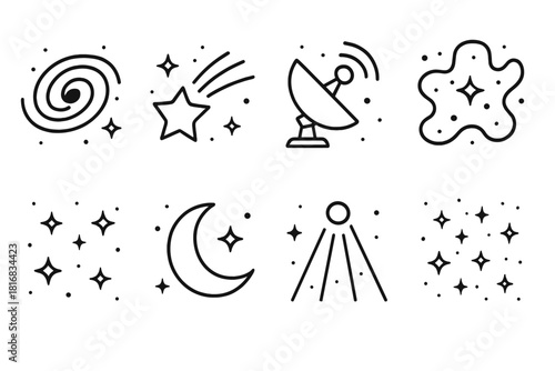 Cosmic Icon Collection. Galaxies and Nebulas linear icon set. galaxy core, shooting star, satellite dish, glowing nebula, night sky, starscape, moon crescent, light beam