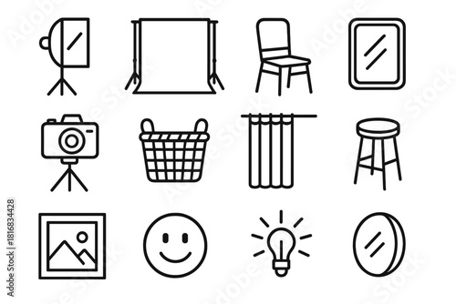 Studio Essentials Icons. Studio portrait setup linear icon set: lighting softbox, backdrop, chair, mirror, camera on tripod, prop basket, curtain, stool, photo frame, smile icon