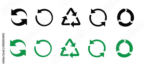 Recycling Symbols Set in Black and Green Color