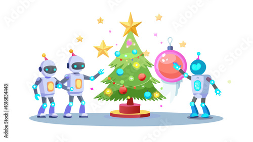 Cartoon Christmas robots decorating a futuristic metallic tree with neon ornaments and glowing holographic star