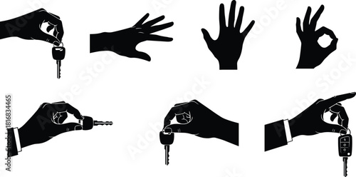 Hand holding car key, silhouette gesture, remote control, vehicle access, key grip, driving concept, auto security, motion, tools, signal
