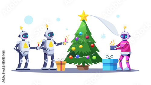 Cartoon Christmas robots decorating a futuristic metallic tree with neon ornaments and glowing holographic star