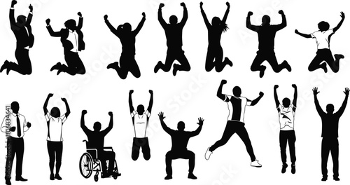 Jumping silhouettes of diverse people, celebration pose, inclusive energy, wheelchair figure, success concept, unity, joy, dynamic movement, white background