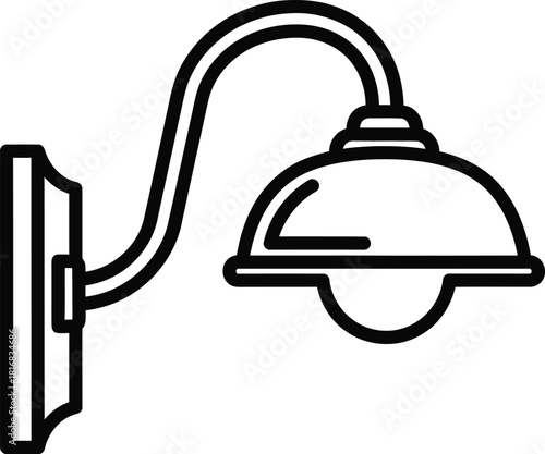 A simple black and white line art icon of a classic wall mounted outdoor lamp with a curved arm and a bell shaped shade