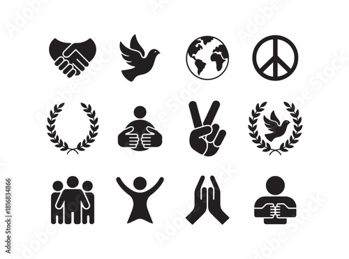 Collection of black icons for peace unity and humanity on white background handshake