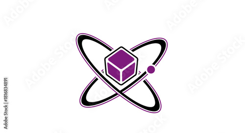 Abstract Atomic Design with Geometric Cube and Orbital Paths in Purple and Black Graphics