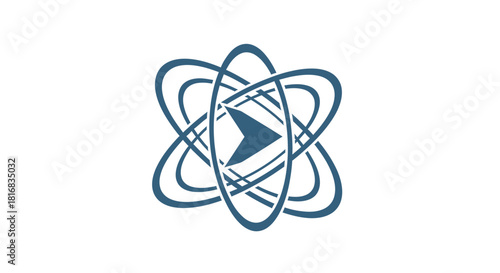 Abstract Atomic Structure Emblem Featuring Play Symbol Suitable for Modern Technology Design