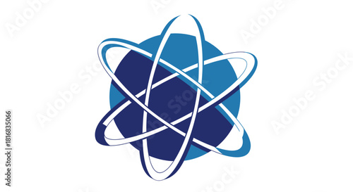 Abstract Atomic Structure Illustration In Blue And White Colors Against White Background