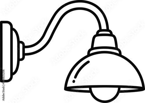 Simple black line art illustration of a vintage style wall mounted lamp with a curved arm and a bell shaped shade on a white background