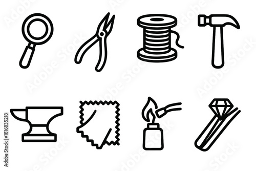 Jewelry Crafting Tools. Jewelry Crafting linear icon set: loupe, pliers, wire spool, hammer, anvil block, polishing cloth, solder flame, gem holder