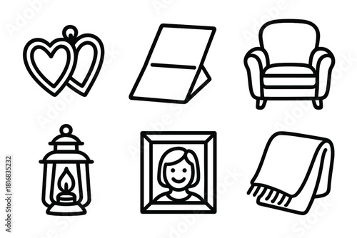 Icons of Warmth. Tender Reflections linear icon set : heart-shaped locket, folded note, cozy chair, glowing lantern, framed smile, warm blanket