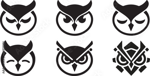 Set of six minimalist owl head vector logo icons in blue.