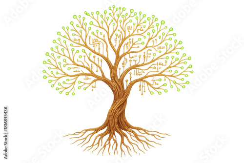 Tree of life conceptual illustration with glowing green leaves, twisted trunk, and roots, transparent background