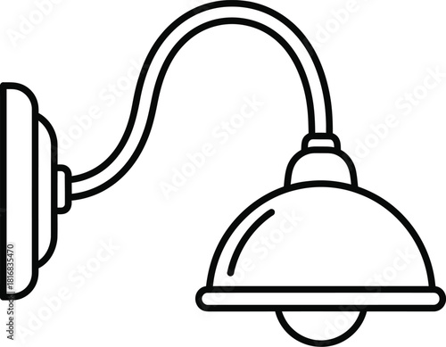 A simple black and white line art illustration of a classic outdoor wall mounted lamp with a curved arm and a dome shaped shade