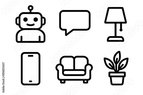 Home Assistant Icons. Home Assistant Robots linear icon set. friendly robot, speech bubble, lamp, smartphone, sofa, plant
