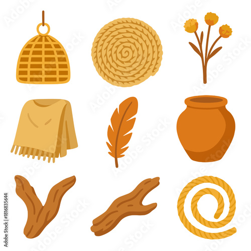 Minimalistic Natural Icons. Natural Textures flat icon set: wicker lamp, jute mat, dried flowers, clay pot, linen throw, feather, driftwood, rope