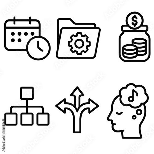 Balance Career Icons. Career–Finance Balance Actions linear icon set: scheduling clock, project folder, savings jar, workload divider, decision arrow, mindful note