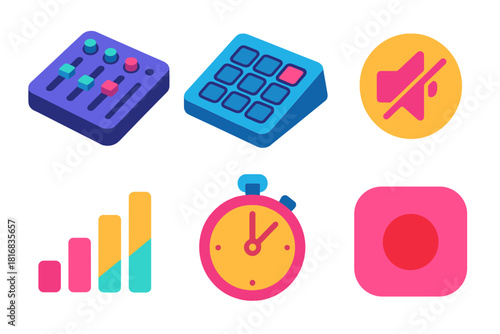 Isometric Stream Control Icons. Stream Control flat icon set: mixer board, stream deck, mute button, signal bars, timer, recording icon