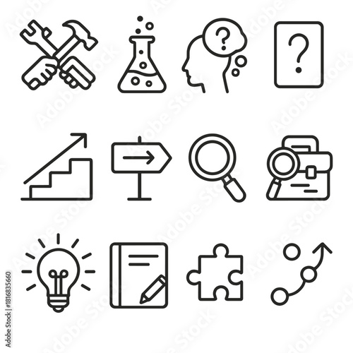 Discovery Learning Icons. Student Discovery Learning Icons linear icon set: hands-on tool, experiment flask, curiosity bubble, question card, learning steps, guided clue arrow