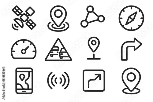Navigation Icons Set. Smart Navigation System Set linear icon set: satellite link, live-tracking pin, route optimization node, smart compass, speed gauge, traffic indicator