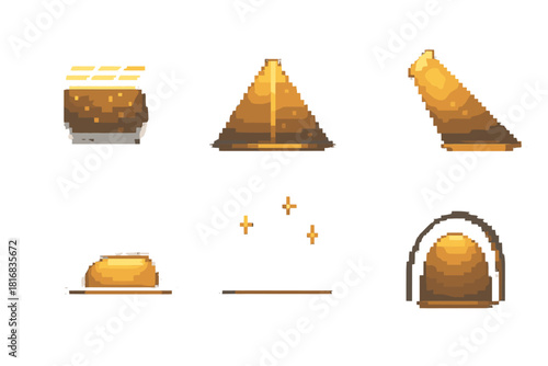 Urban Lighting Icons. Urban Lighting Elements pixel style icon set: overhead grid light, bridge accent beam, plaza spotlight, soft curb light, rooftop shimmer, urban glow arc