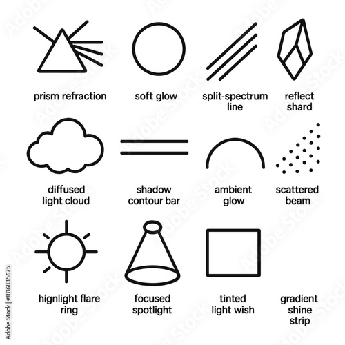 Dynamic Light Icons. Creative Light Manipulation Set linear icon set: prism refraction beam, soft glow halo, split-spectrum line, reflective shard, diffused light cloud, shadow