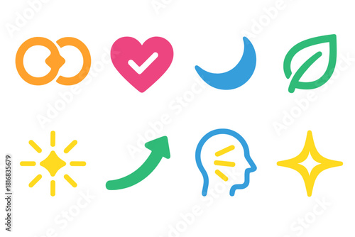 Modern Workplace Culture Icons. Workplace Communication Culture Concepts flat icon set: unity loop, trust heart, harmony curve, respect leaf, connection spark, growth arc