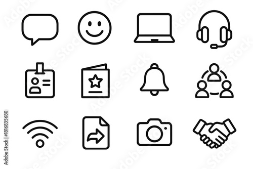 Digital Communication Icons. Digital Meetups linear icon set. chat bubble, emoji face, laptop, headphones, name tag, invitation, notification bell, group circle, Wi-Fi, document