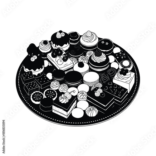 Assortment of desserts on a platter silhouette