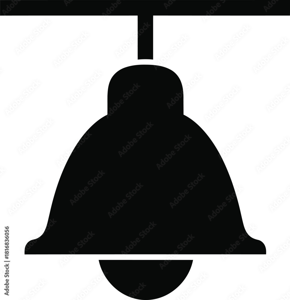 Naklejka premium Simple black silhouette of a bell hanging from a horizontal bar isolated on a white background representing a notification or alert symbol