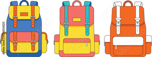 Colorful modern backpack vector illustration set featuring three stylish travel bags with bold geometric shapes and vibrant contrasting tones for design and branding projects.