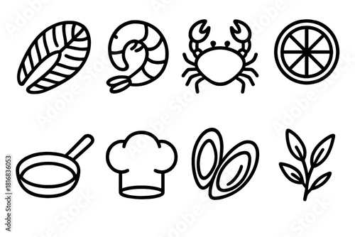 Seafood Icon Set. Seafood Cooking Set linear icon set: fish fillet, shrimp, crab, mussels, lemon slice, frying pan, chef hat, herbs