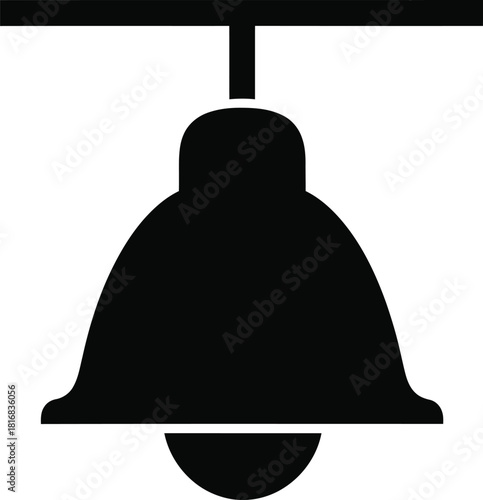Simple black silhouette of a bell hanging from a horizontal bar isolated on a white background representing a notification or alert symbol