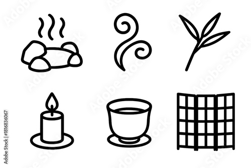 Relaxing Hot Spring Icons. Cultural Hot Spring Experience linear icon set. rock bath, steam swirl, bamboo leaf, candle, cup, folding screen