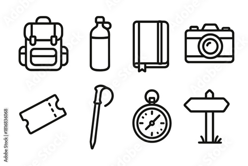 Adventure Essentials Icons. Journey objects linear icon set: backpack, water bottle, journal, camera, ticket stub, walking stick, pocket watch, trail sign