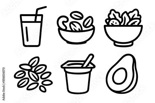 Healthy Food Icons. Healthy Foods Set linear icon set: smoothie glass, nuts mix, salad bowl, whole grains, yogurt cup, avocado half