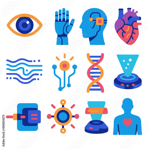 Futuristic Bio-Tech Icons. Futuristic bio-tech flat icons set. eye implant, hand prosthetic, neural link, mechanical heart, data stream, light circuit, DNA helix, hologram